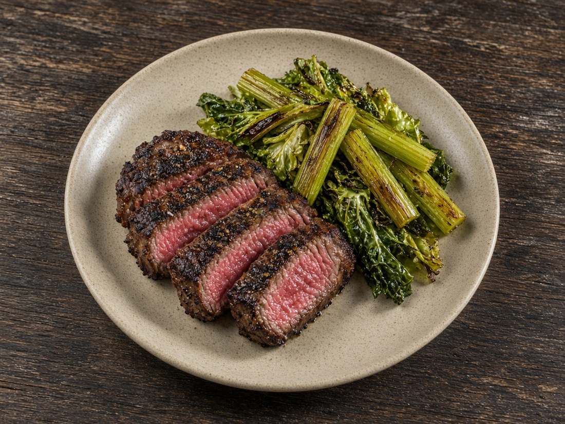 Entrecôte grillée tranchée, servie avec des légumes verts rôtis