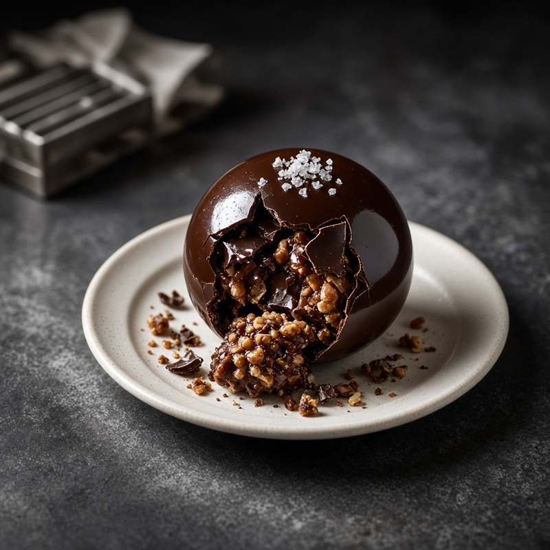 Sphère de chocolat ouverte sur un praliné noisette et une pincée de sel