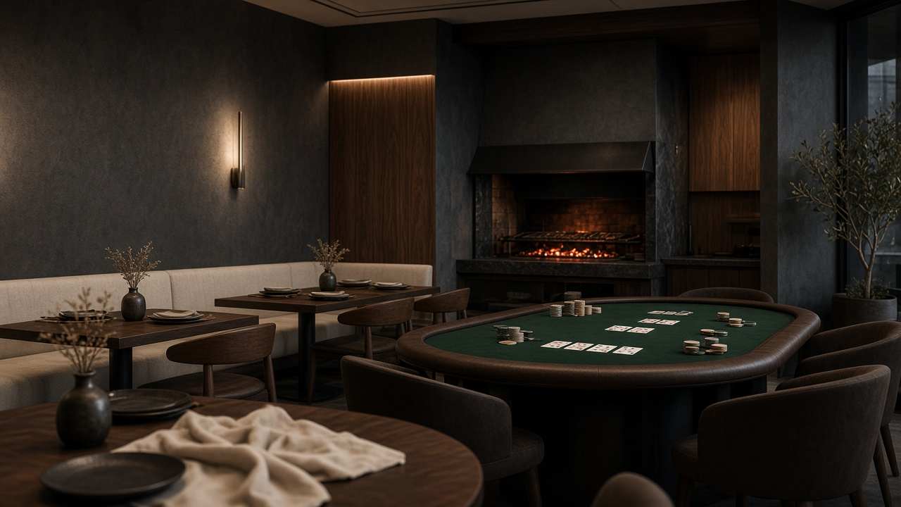 Salle du restaurant avec grill ouvert et table de jeu recouverte de feutre vert
