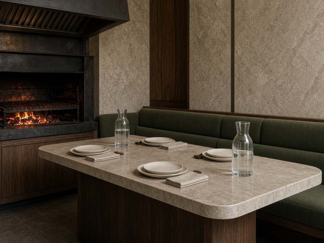 Table dressée près d'un grill ouvert, avec carafes d'eau et banquette verte