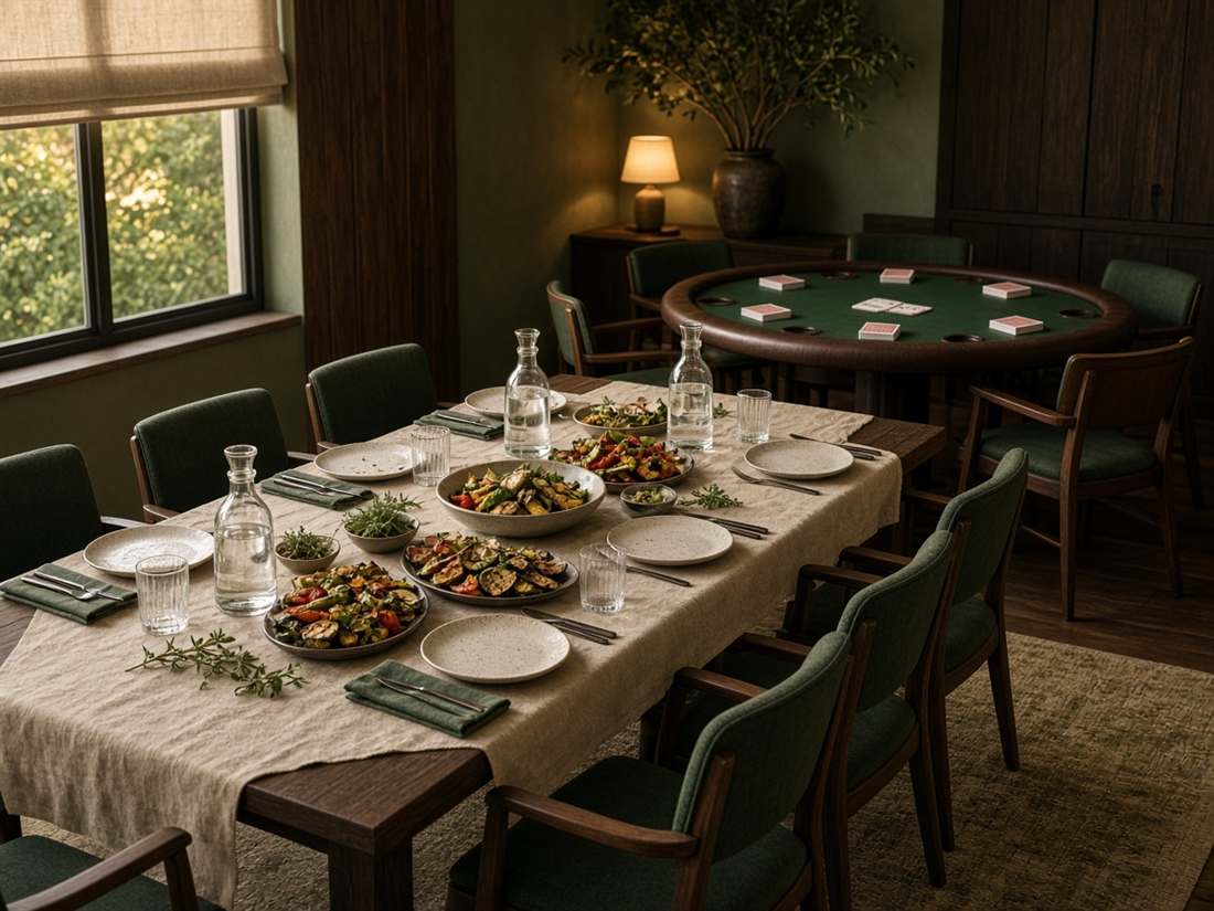 Grande table de repas dressée à côté d'une table de poker dans la même salle