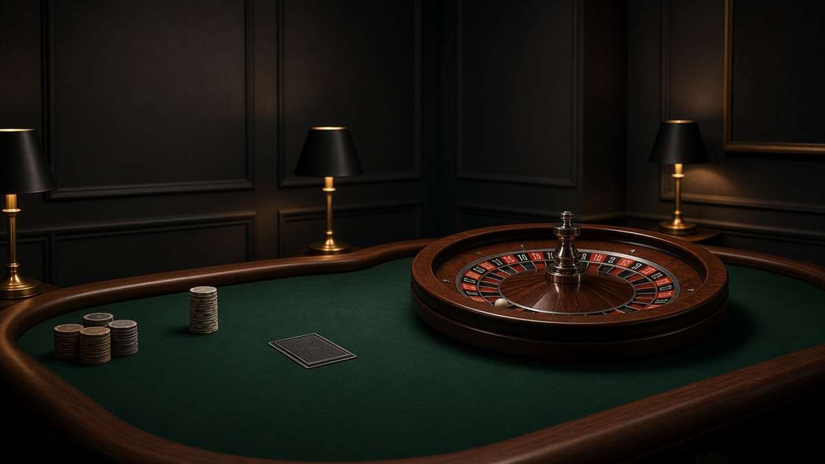 Roue de roulette, jetons et carte sur un tapis vert dans une salle sombre